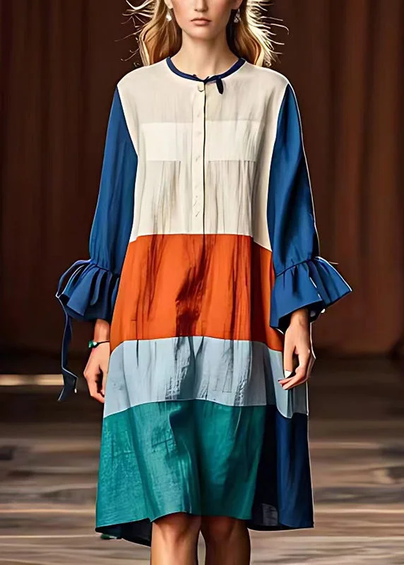 Modern Colorblock Layered Patchwork Cotton Dresses Flare Sleeve