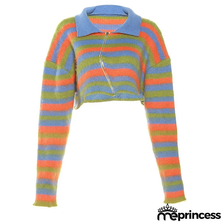 Women Fashion Casual Color Block Laps Stripe Knitted Cardigan Jacket