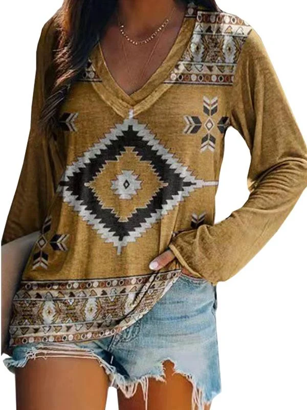 Women Long Sleeve V-neck Printed Top