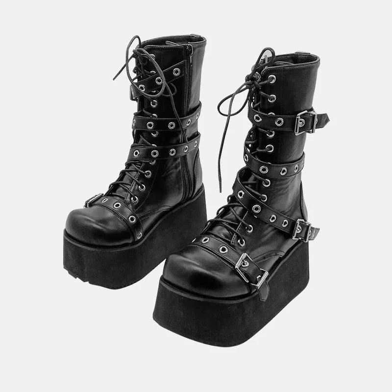 "Punk Girl"Leather Lace-up Buckle Boots
