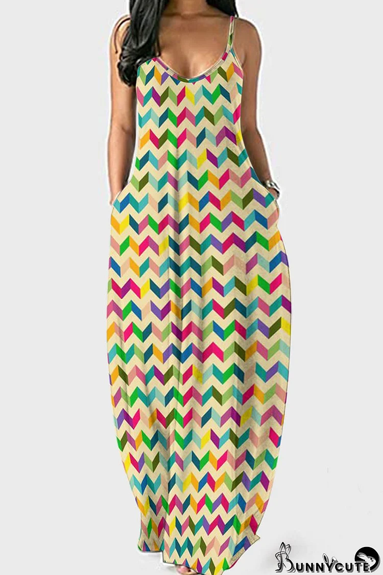 Colour Casual Striped Print Patchwork Spaghetti Strap Sling Dress Dresses