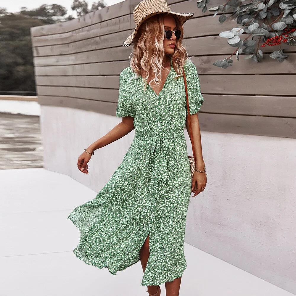 Midi Dress Women Summer Shirt Dress Floral Printed Vintage High Waist Dresses Ladies Casual Loose Single-Breasted Elegant Robe