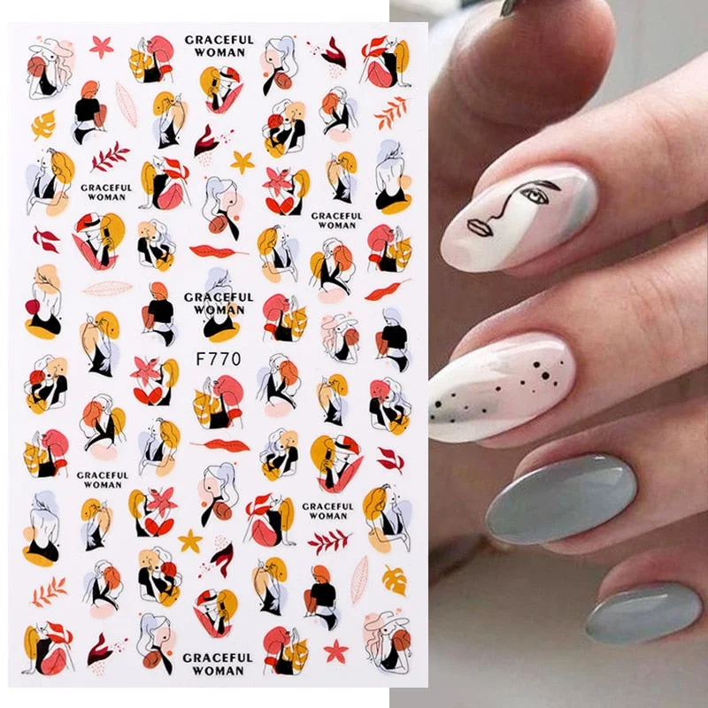 1PC Abstract Face Pattern 3D Nail Stickers Summer Autumn Lady Image Flower Leaves Sliders Decals For Nails Decoration Manicures