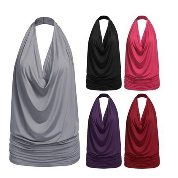 Women Sexy Halter Cowl Neck Backless Ruched Tank Tops