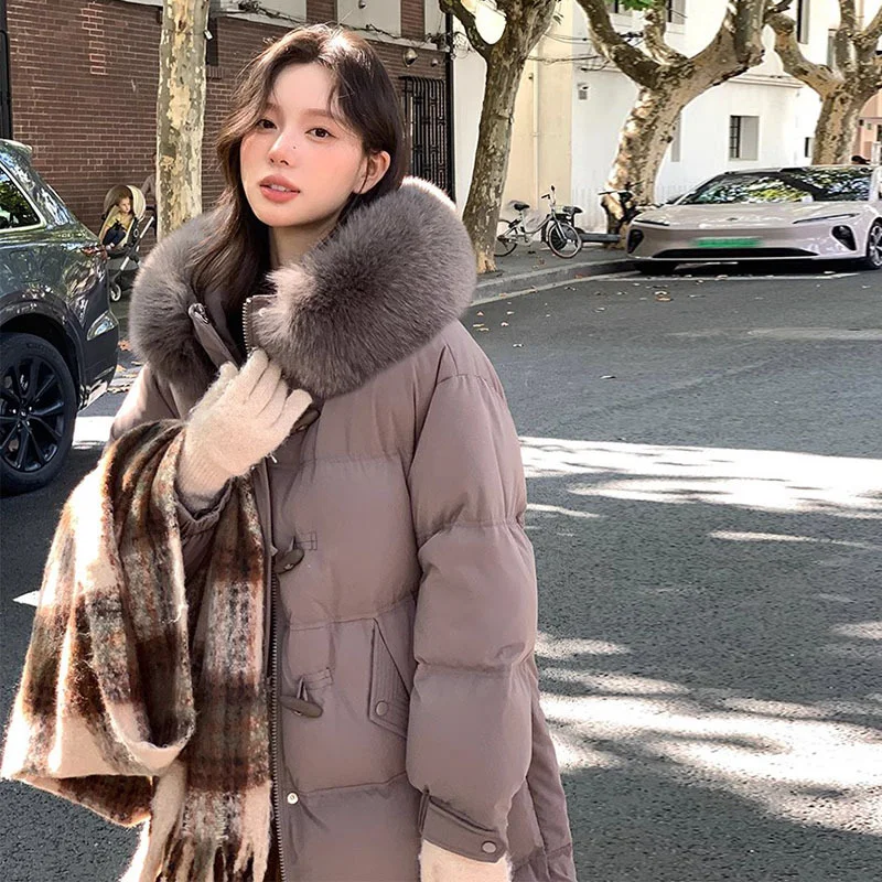 Toloer Pinghu Down Jacket Female Winter 2024 New Advanced Sense Sweet White Duck Velvet Ox Horn Buckle Thick Warm Long Coat-Outfit Ideas