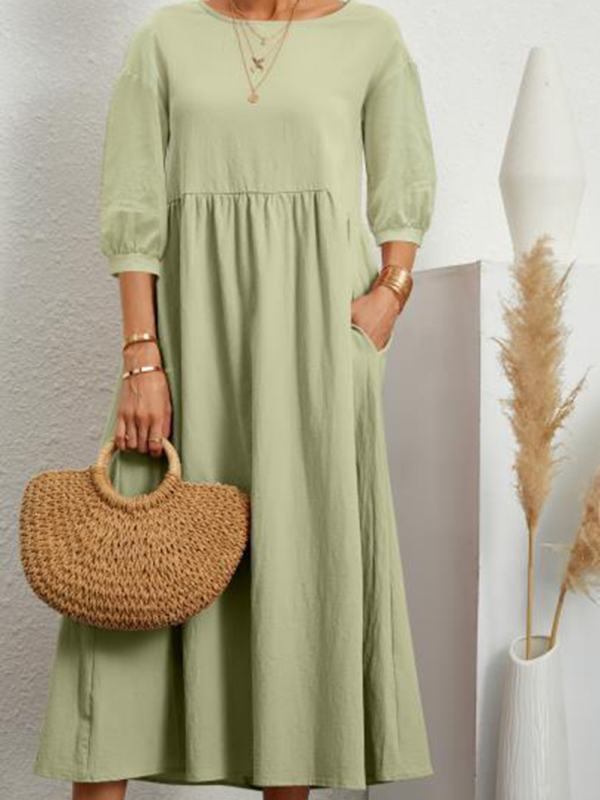 Mature Women Summer Solid Color Fashion Lantern Sleeve Loose Cotton Linen Pocket Dress