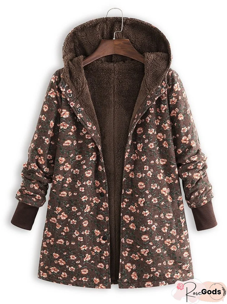 Floral Printed Hooded Long Sleeve Fleece Coat