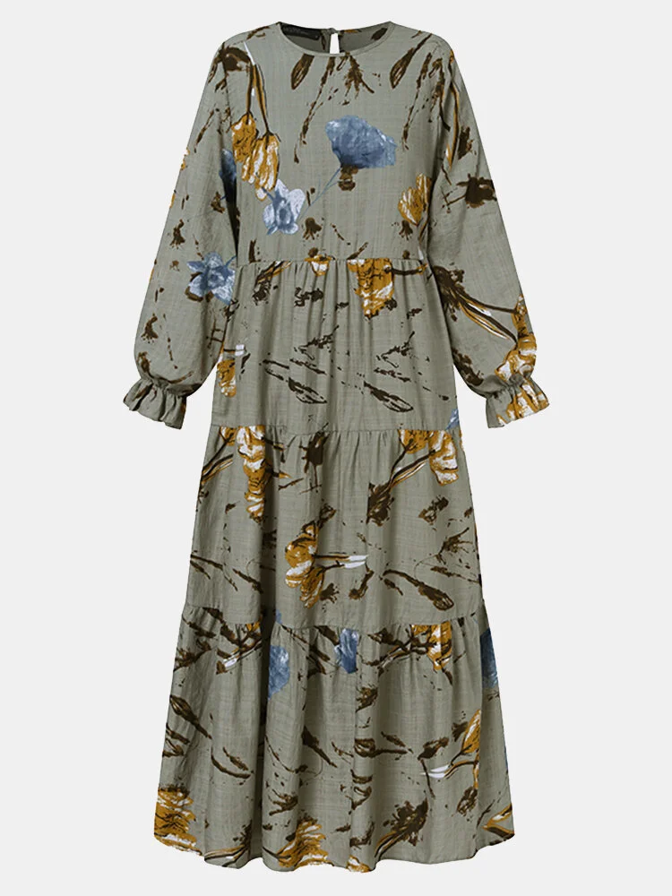 Ethnic Calico O-neck Long Sleeve Print Dress For Women