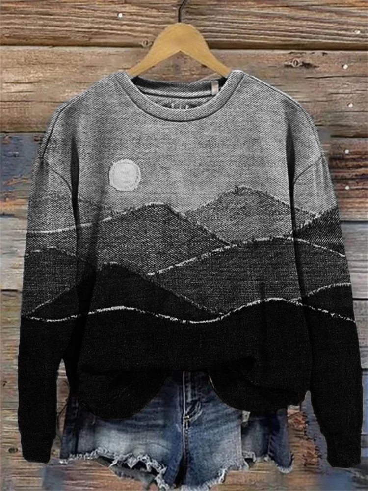 Mountains Landscape Gradient Denim Patchwork Sweatshirt