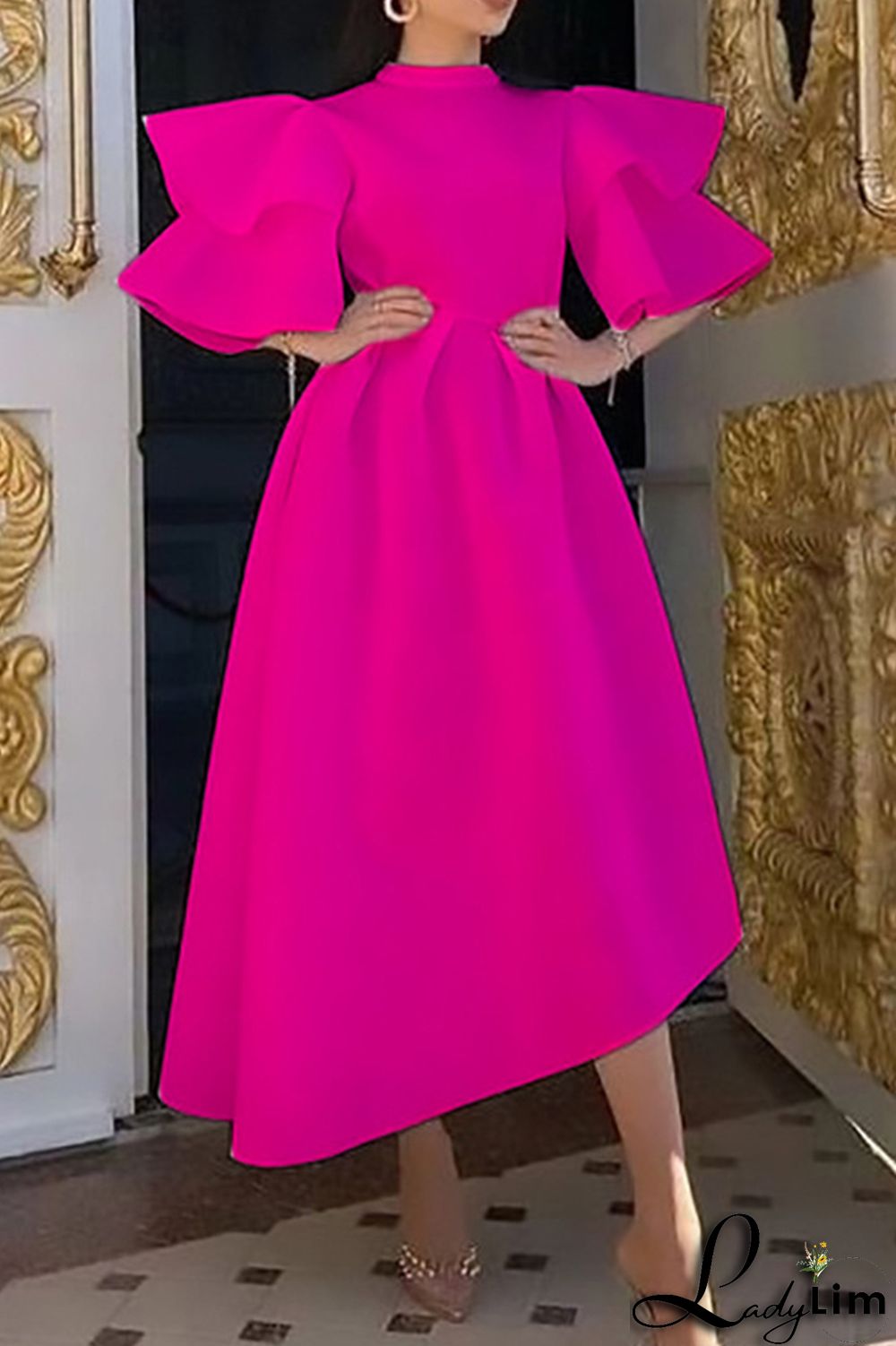 Yellow Fashion Formal Solid Patchwork Half A Turtleneck Evening Dress