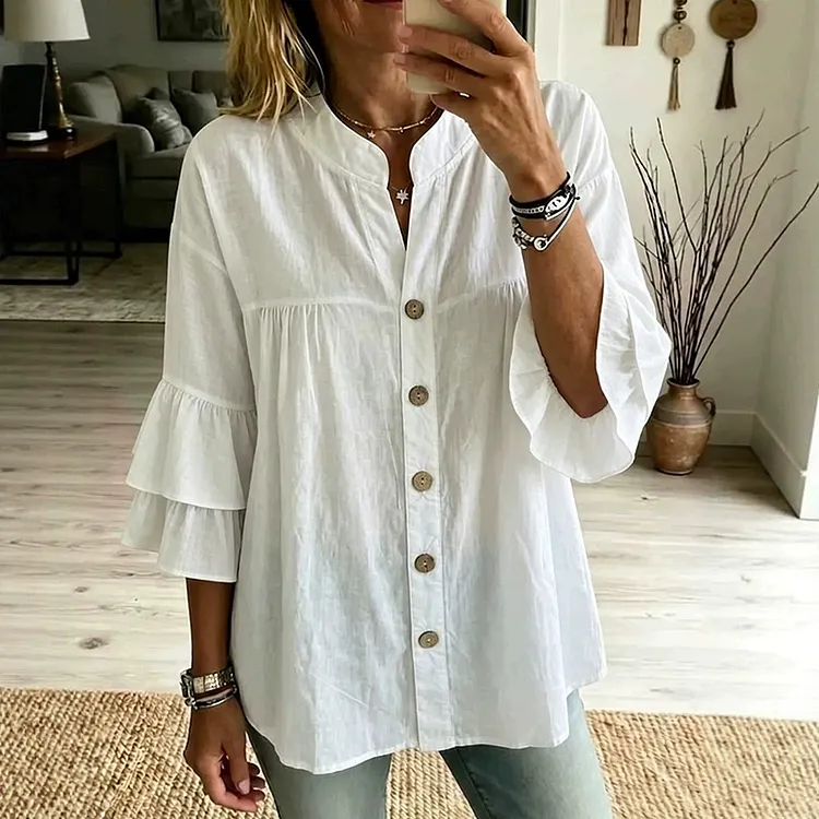 Women's Romantic Ruffle Sleeves Cotton And Linen Literary Shirt