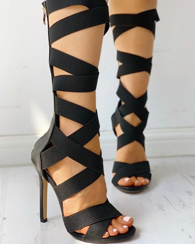 Summer Fashion Women Shoes Bandage Lace-Up Zipper Back Thin Heels Sandals Open Toe Sexy Light Yellow Party Queen Shoes