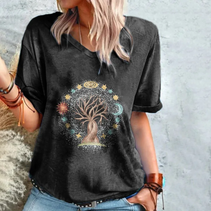 Sun Moon Star Tree Print Women's T-shirt