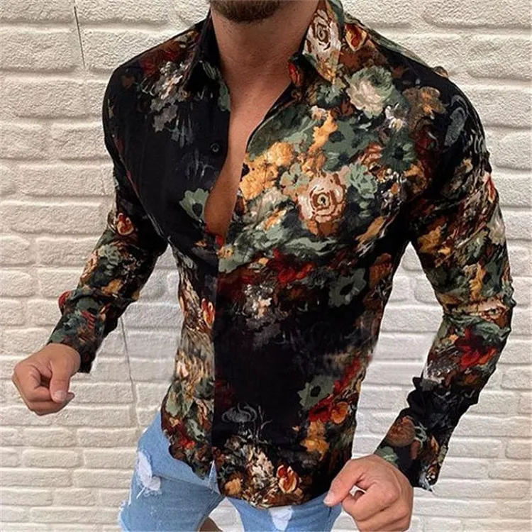 Men's Retro Casual Floral Lapel Long Sleeve Shirt