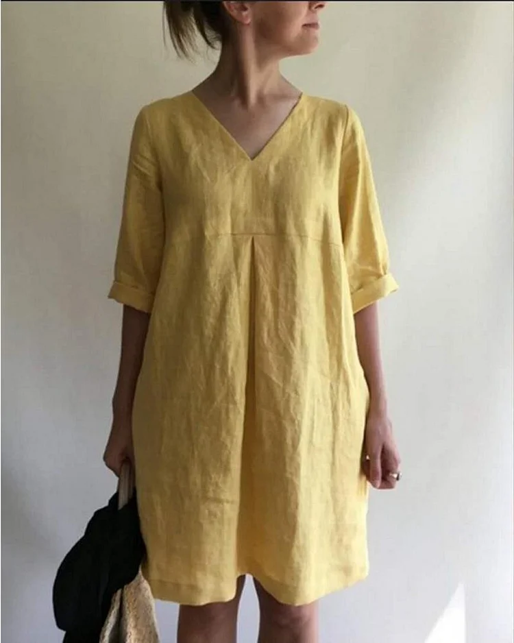 V-neck Solid Cotton Linen Loose Midi Dress