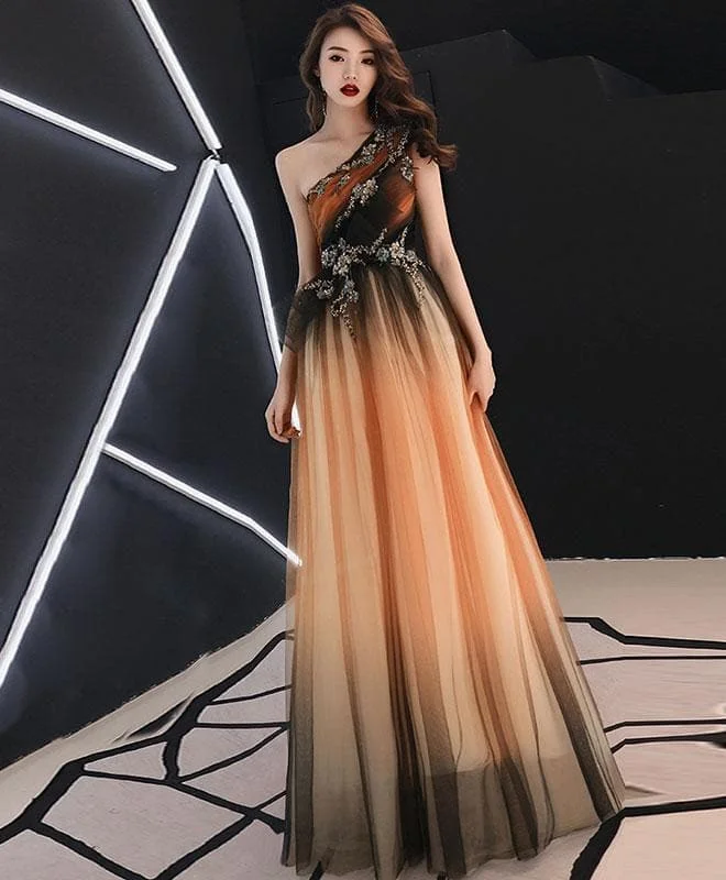 Unique Chiffon Lace One Shoulder Long Prom Dress, Evening Dress
