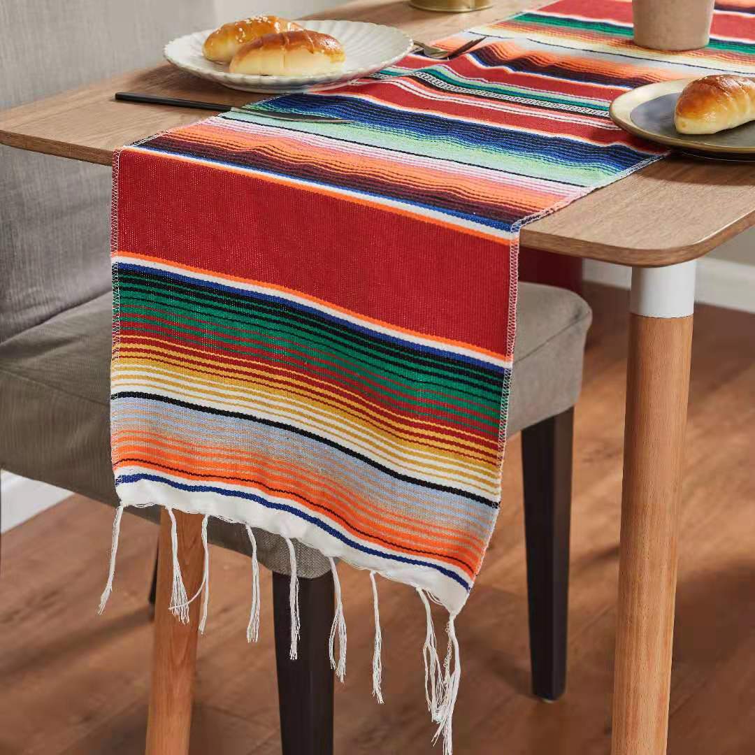 Mexican Table Runner Stripe Shawl Blanket Rainbow Tablecloth Beach Mat with Tassel 35*215cm