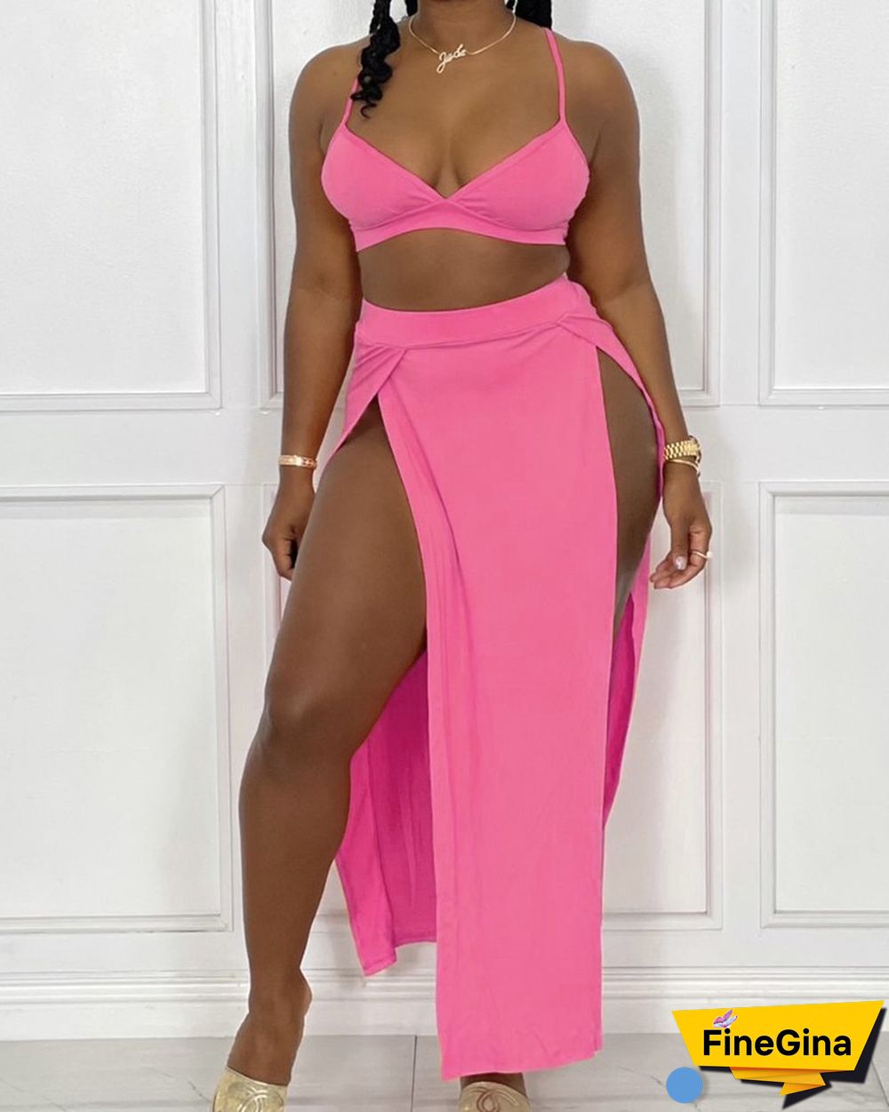Solid Color Cami Top & Split Thigh Skirt Set