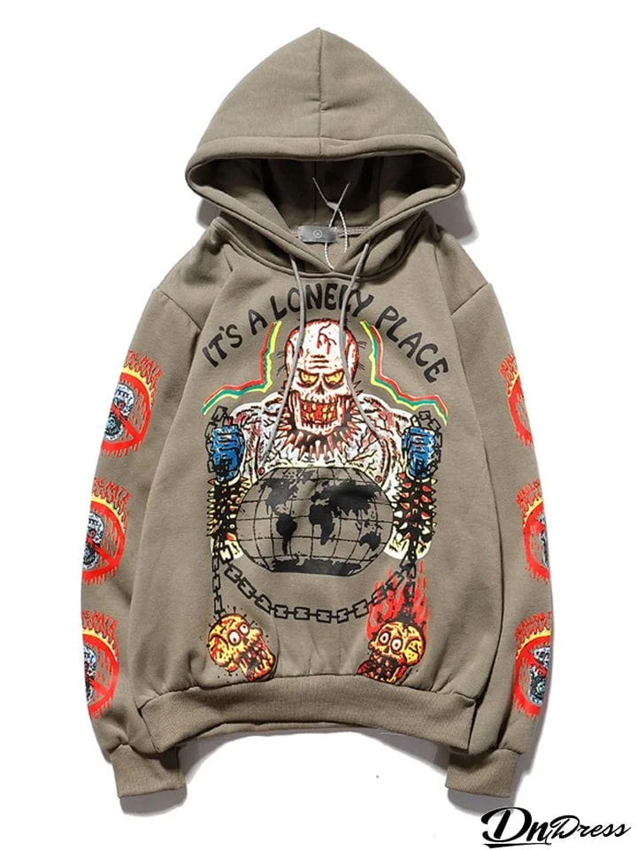 Hip-Hop Graffiti Skull Print Warm Hoodies for Trendy Men