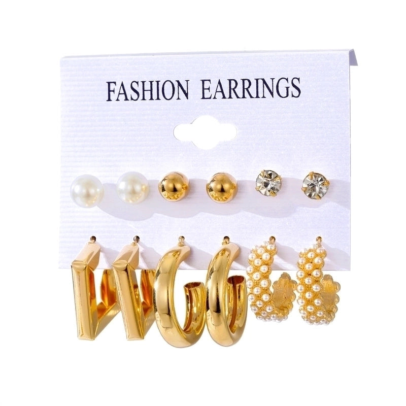 Retro Round Alloy Plating Artificial Pearls Women’s Earrings Ear Studs 6-piece Set