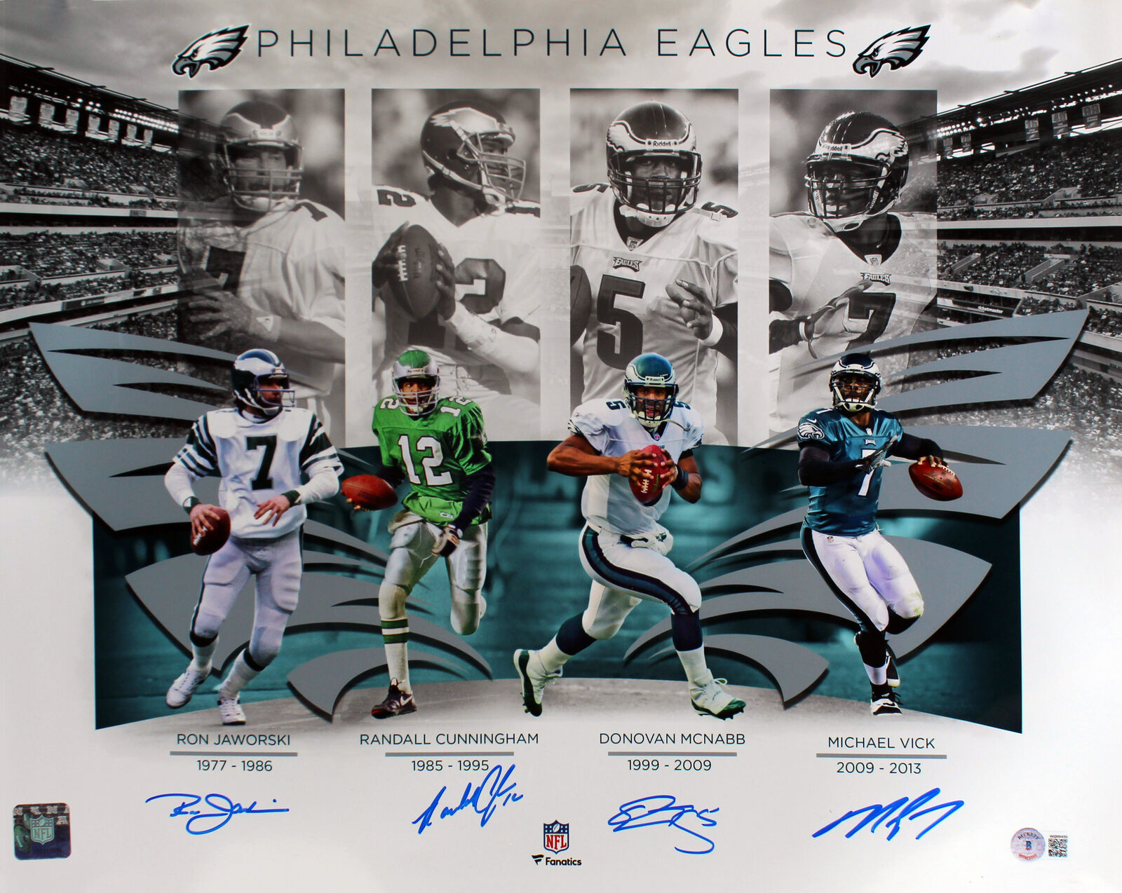 Eagles QBs (4) McNabb, Cunningham, Jaworski & Vick Signed 16x20 Photo Poster painting BAS Wit