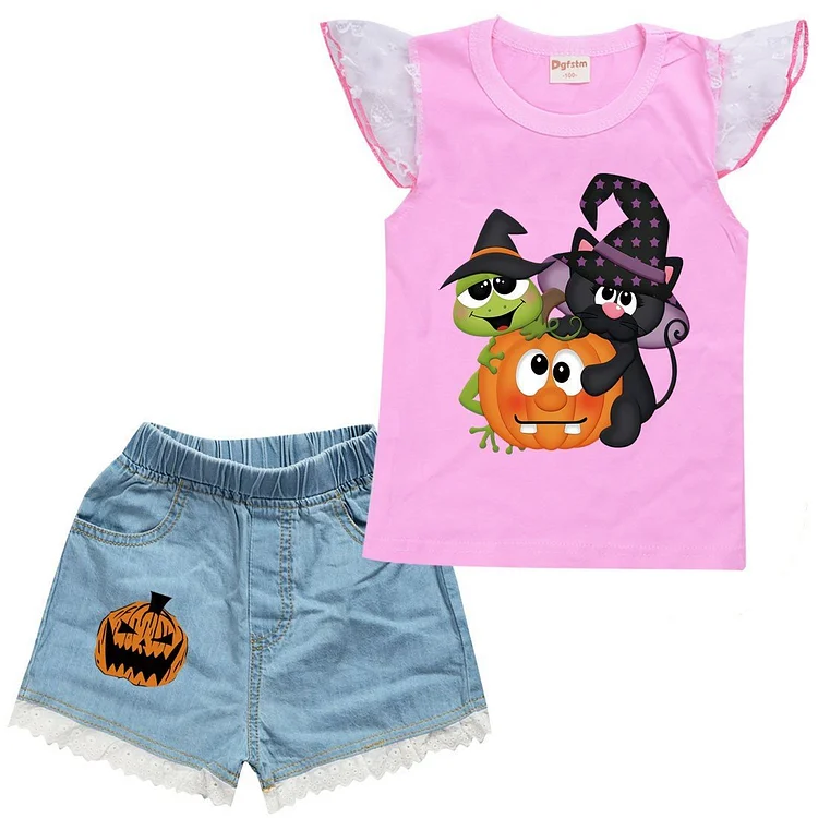 Funny Halloween Frog Black Cat Pumpkin Print Girls Tshirt Denim Shorts-Mayoulove