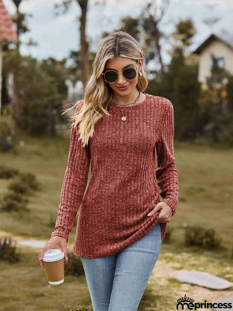 Ribbed Round Neck Long Sleeve Tee