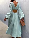V-Neck Solid Color Long Sleeve Belly-Hollow Backless Casual Maxi Dress