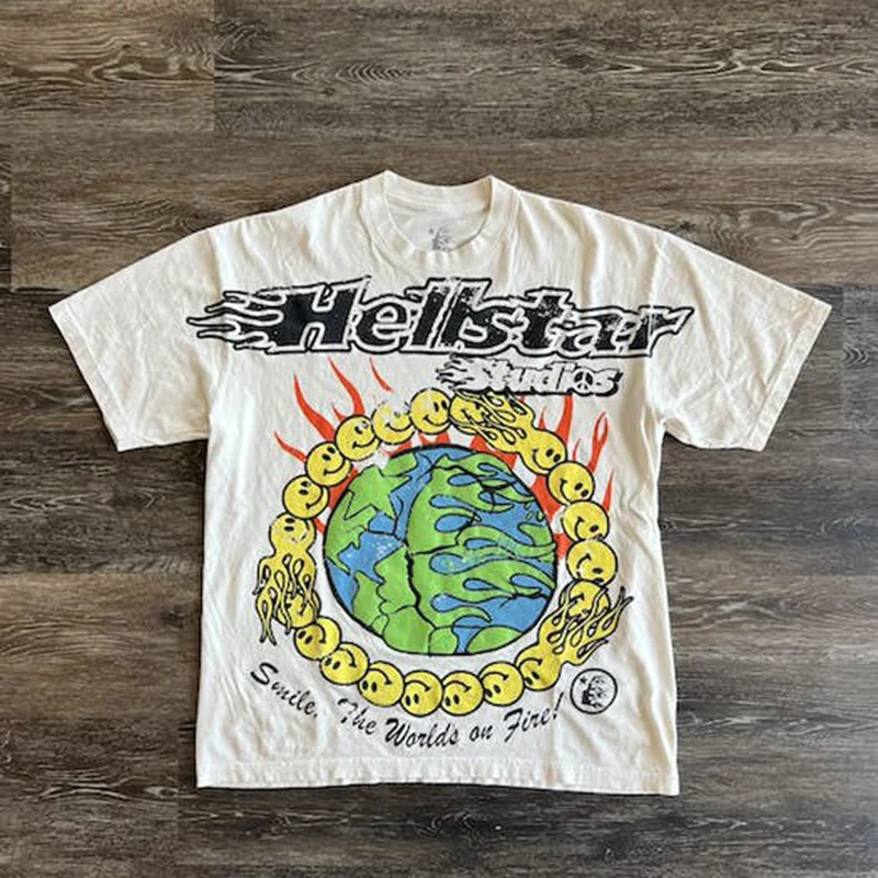 Vintage Hellstar Studios Globe High Street Print Casual Cotton Short Sleeve T-Shirt