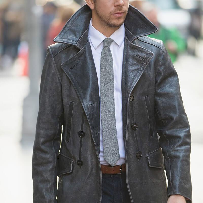 Men's lapel officer leather coat
