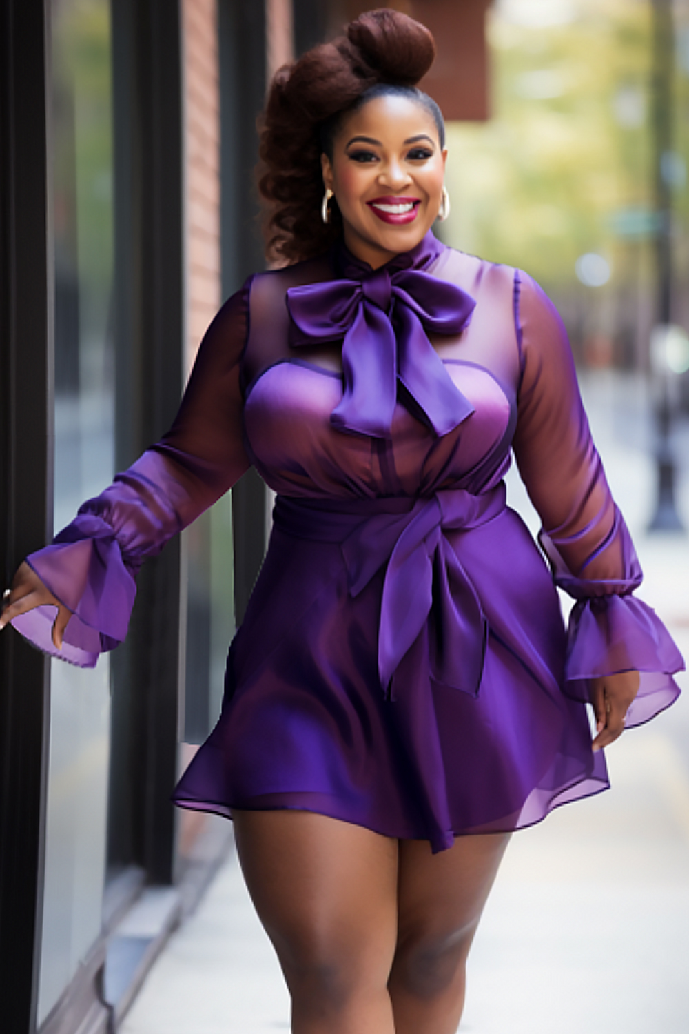 Design Plus Size Daily Elegant Purple Bow Neck Flare Long Sleeve Bow Tie See Through Organza Two Piece Skirt Sets [Pre-Order]