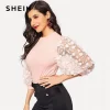 SHEIN Pink Lady Elegant Bishop Sleeve Lace Floral Appliques Rib-Knit Tee Women Spring Casual High Street Fashion Tshirt Tops