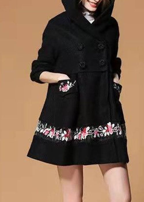 Fashion Black Hooded Embroideried Woolen Winter Coat CK1458- Fabulory