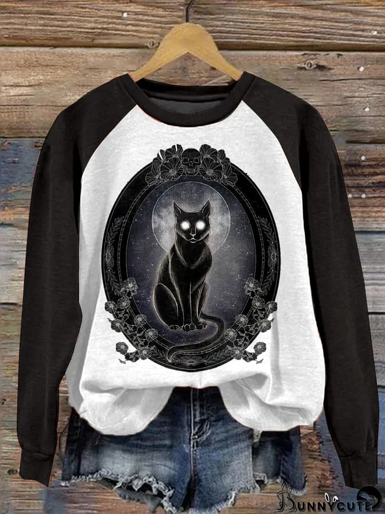 Fashion Casual Loose Art Cat Halloween Print Sweatshirt