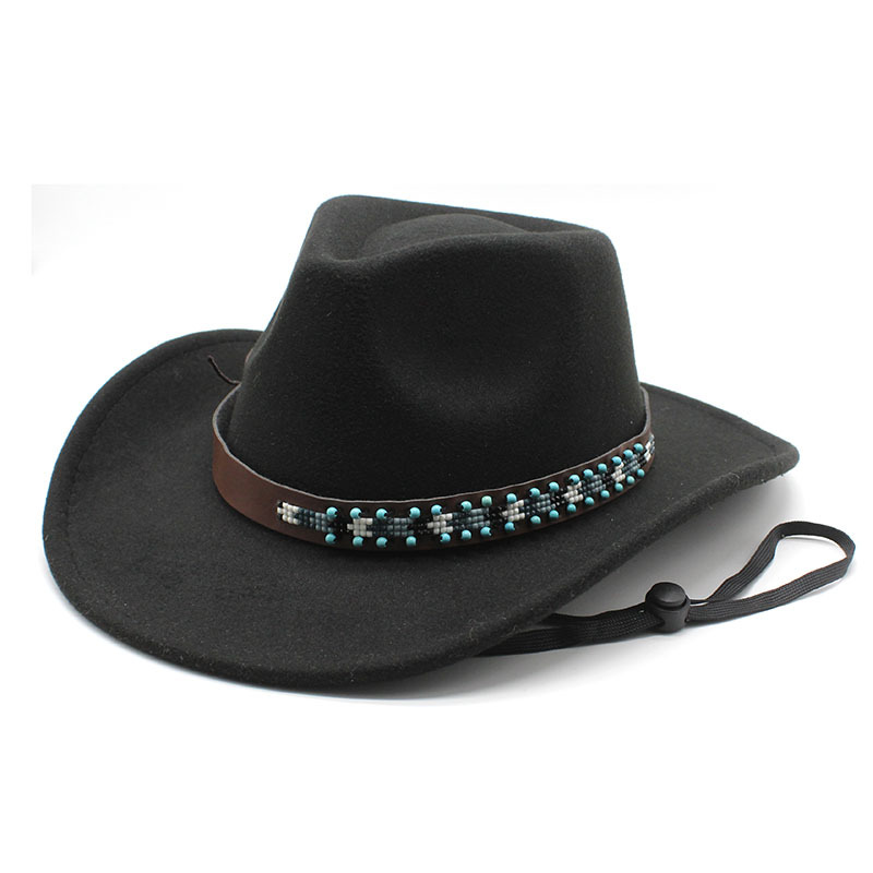 Western Cowboy Hat Wool Top Hat - Wide-Brimmed Jazz Felt Hat with Windproof Cord.