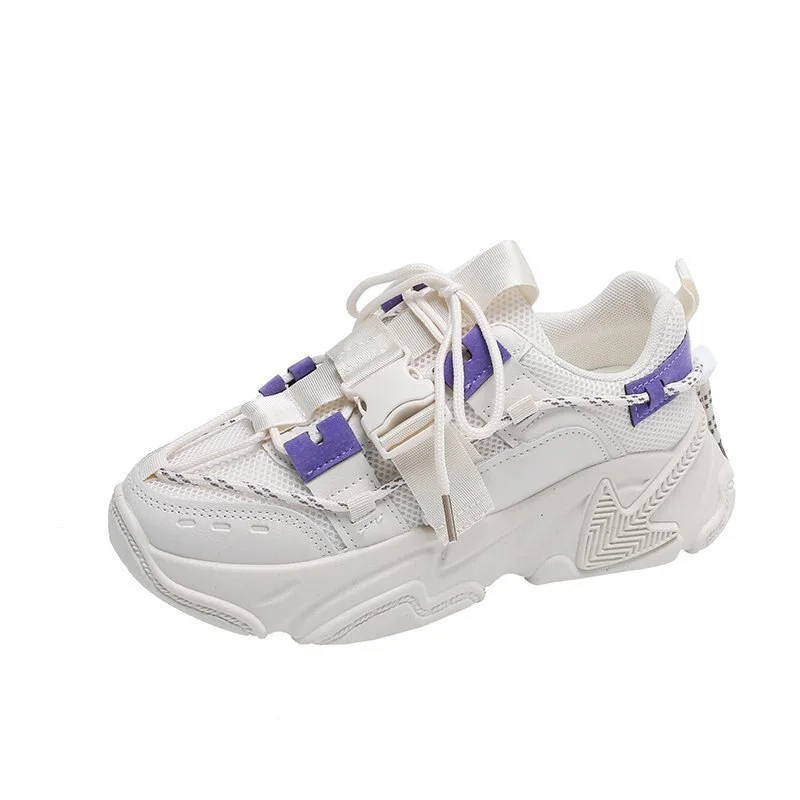 Punklens Women Shoes Fashion Buckle Chunky Sneakers Women 2021 Breathable Mesh Thick Sole Platform Sneakers Woman Lace Up Running Casual