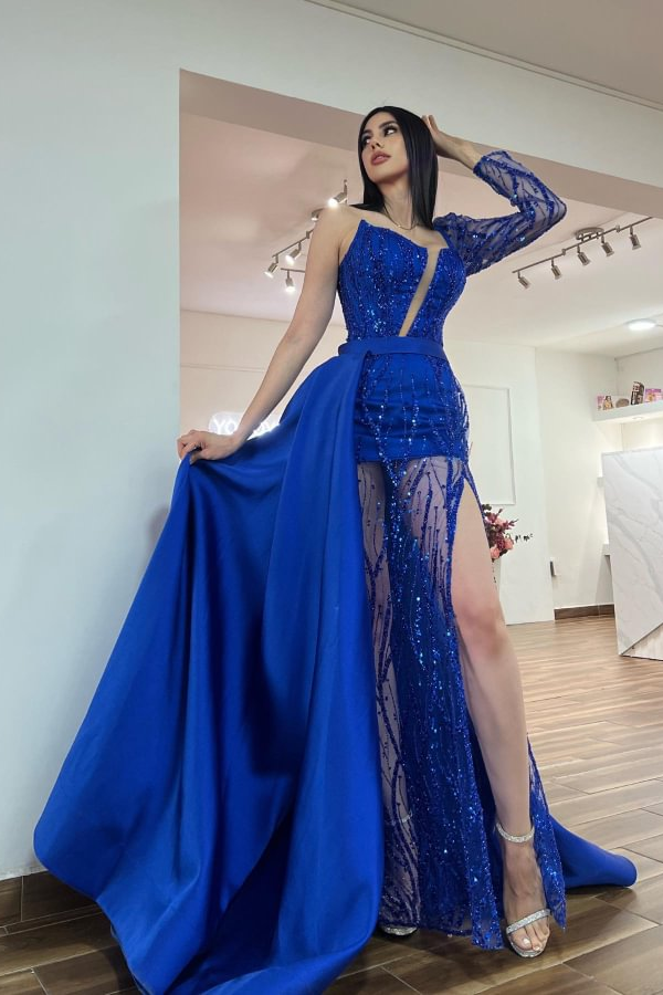 Daisda Royal Blue One Long Sleeve Split Evening Dress