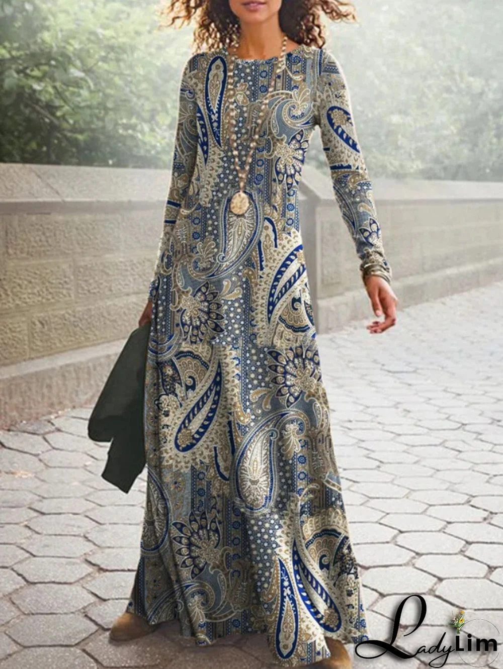 Vintage Long Sleeve Paisley Maxi Dress