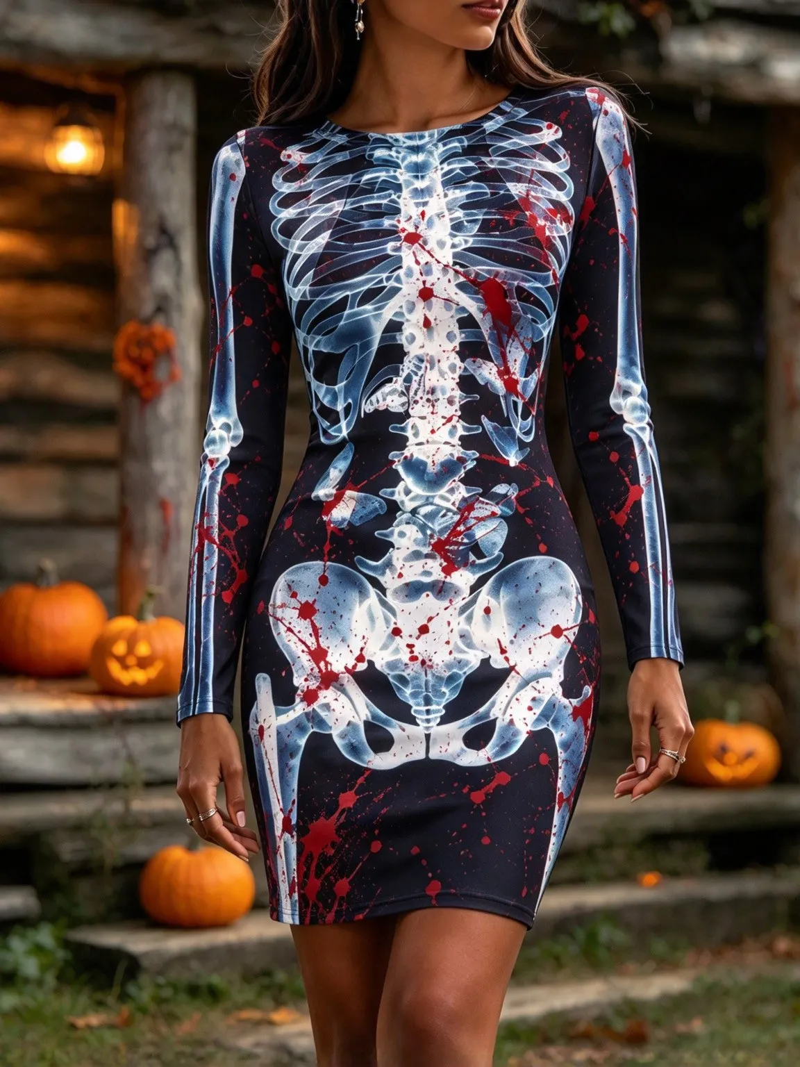 Comstylish Women's Skeleton And Bloodstain Print Dress