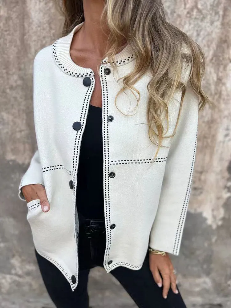 Women's Solid Color Crew Neck Long Sleeve Casual Pocket Baseball Jacket