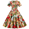 Wedding Guest Dress V-neck Print Slim High Waist Vintage Swing Dress