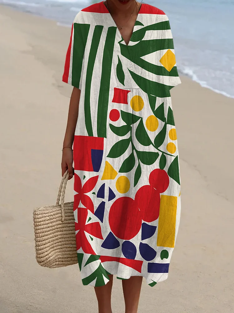 Vintage Abstract Art Print V-Neck Midi Dress