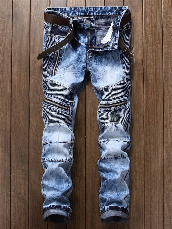 men's retro distressed zipper pleated wear-resistant jeans trousers straight pants slim fit retro style biker jeans pants