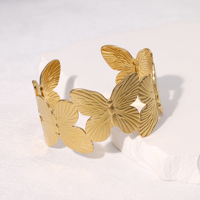 Retro Wide Stainless Steel Bracelet Wide Version Exaggerated Personality Butterfly Antique Gold-Plated Bracelet
