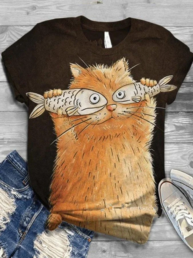 Cat And Fish Print T-Shirt