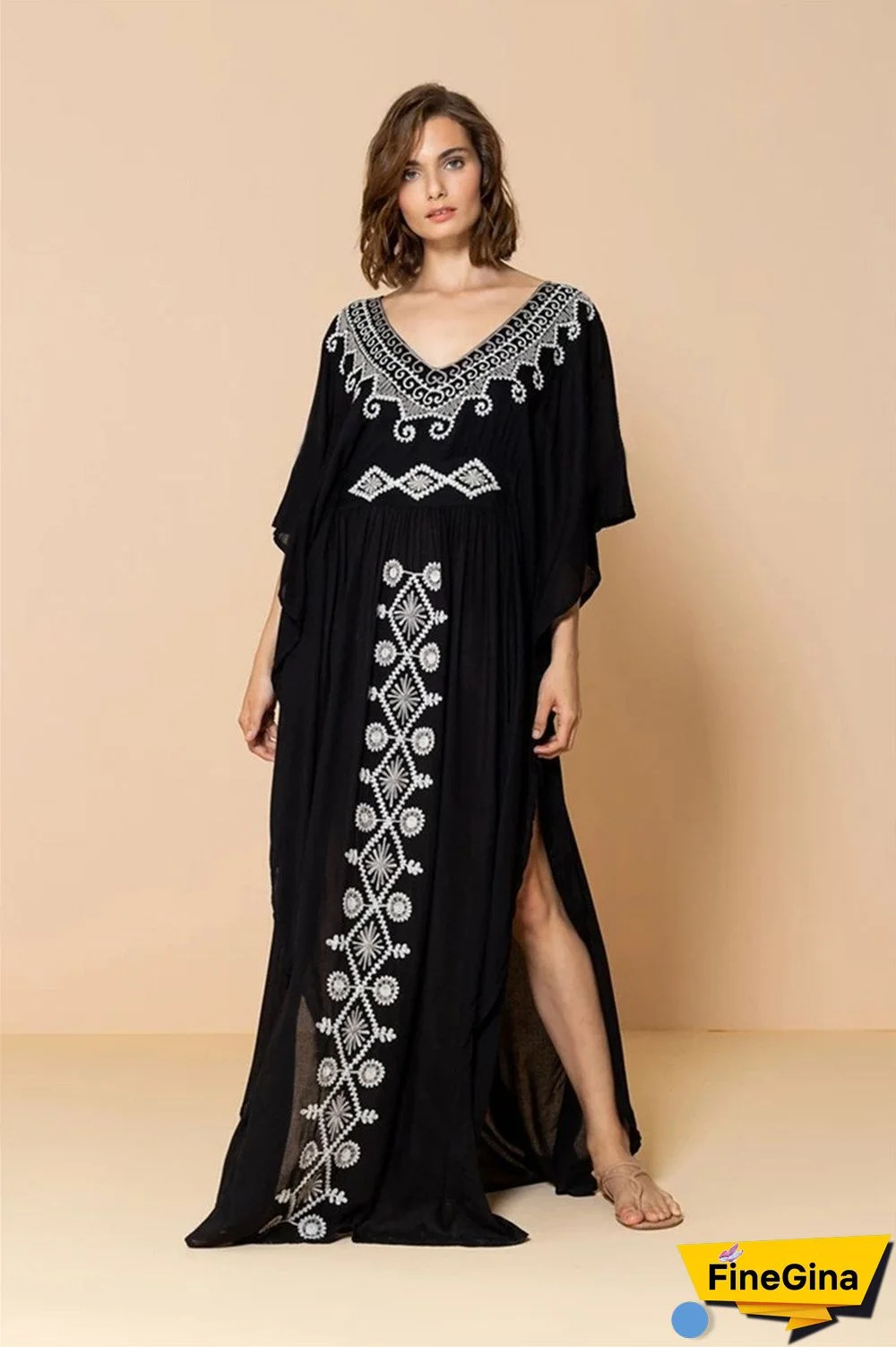 Deep V-Neck Embroidery Black/Green Full Length Beach Dress