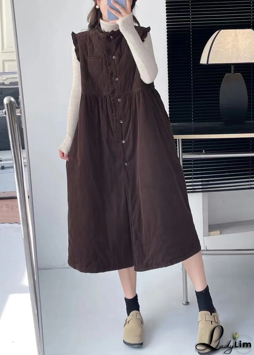 Coffee Pockets Cotton Filled Waistcoat Long Dress Stand Collar Winter