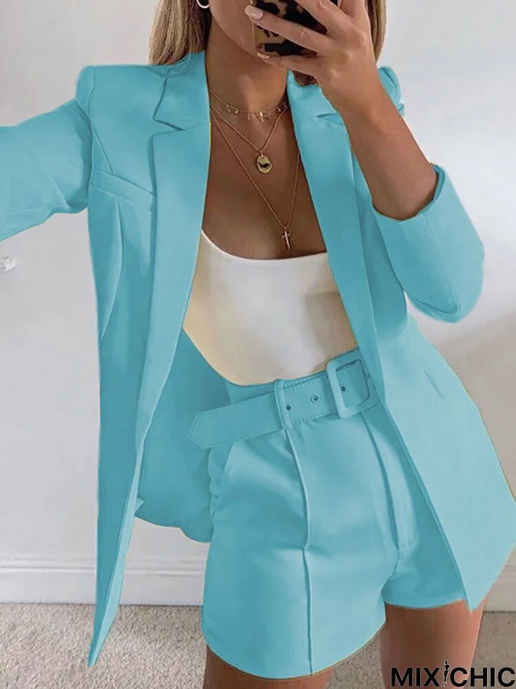 Two Piece Office Long Sleeve Solid Pant Suits