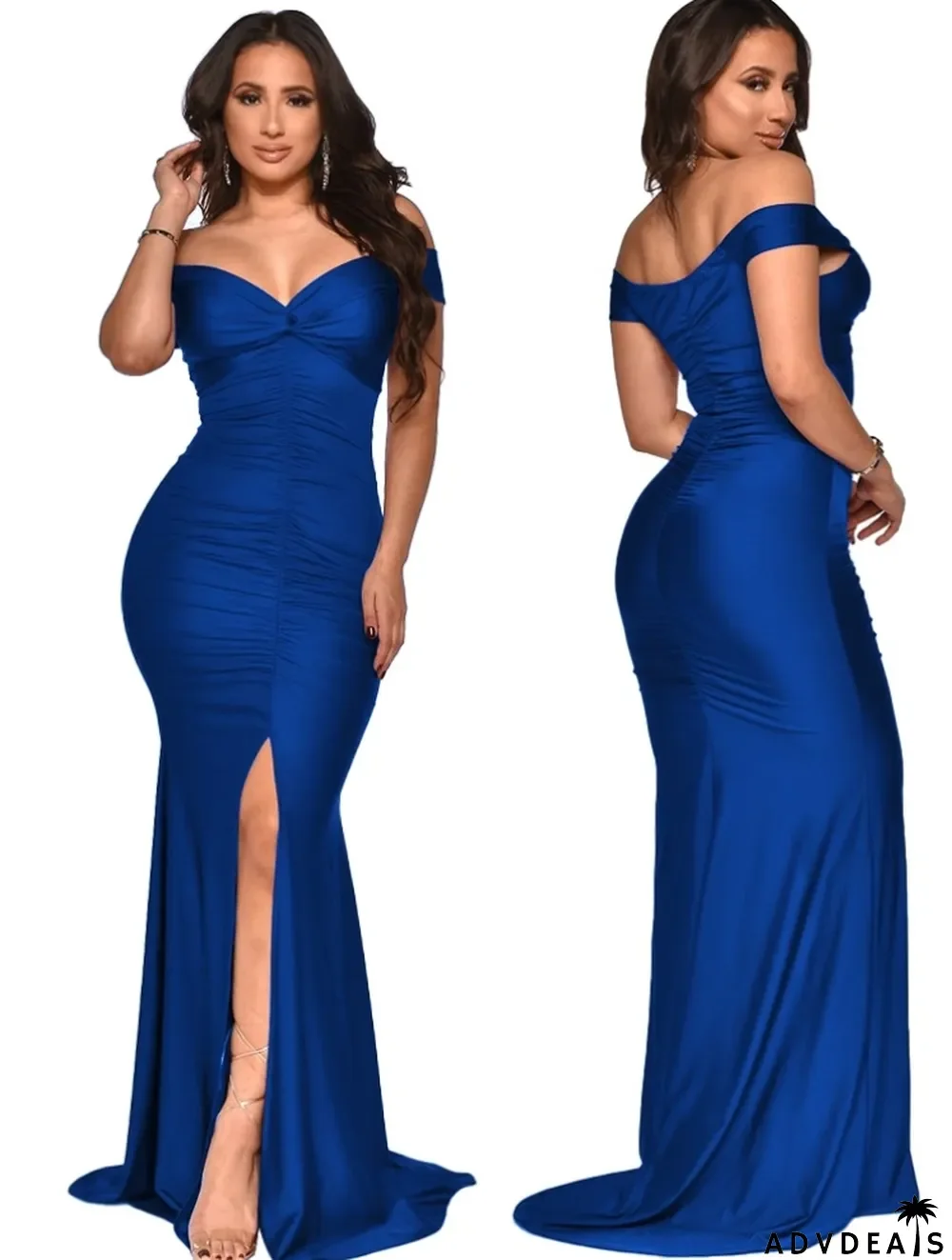 Women Summer Blue Sweetheart Slit Pleated Long Evening Dress