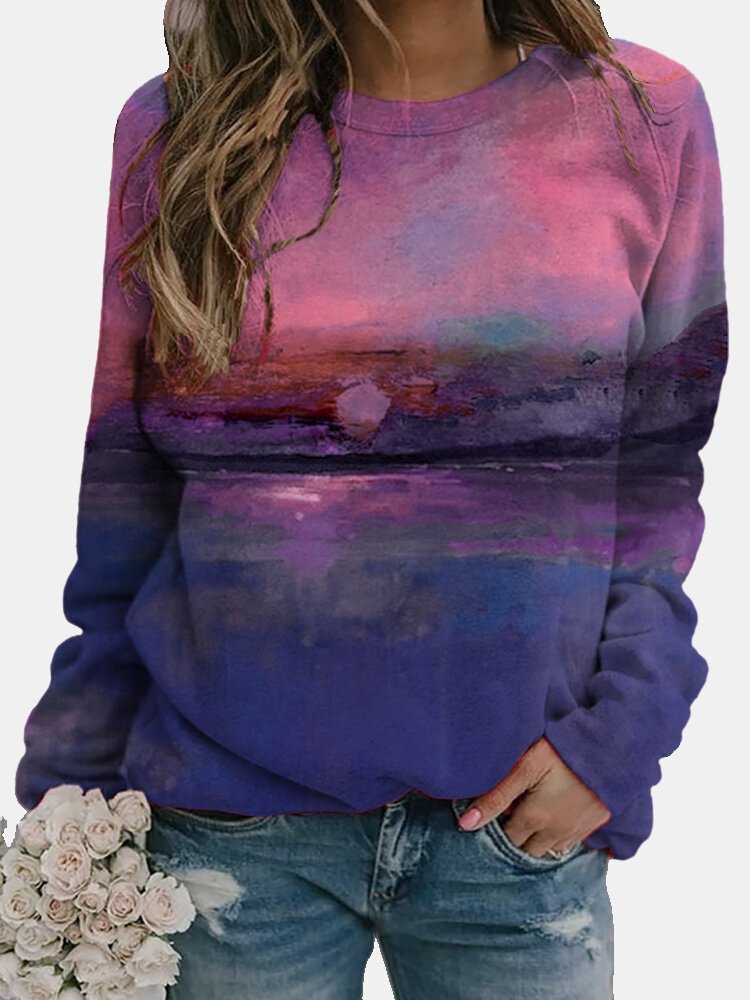 Landscape Printed Long Sleeve O neck T shirt For Women P1751519